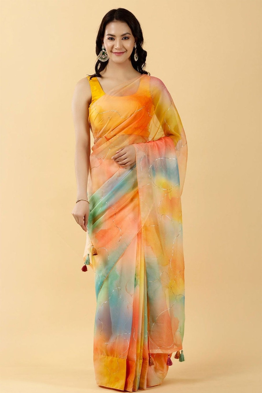 Sarees Meena Bazaar  | Coloured Organza Printed Saree Multi