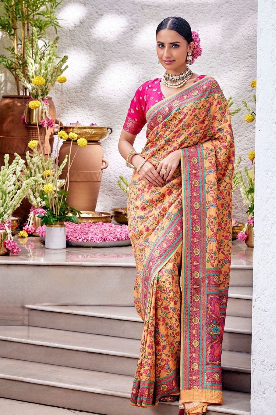Peach Silk Woven Saree – Meena Bazaar