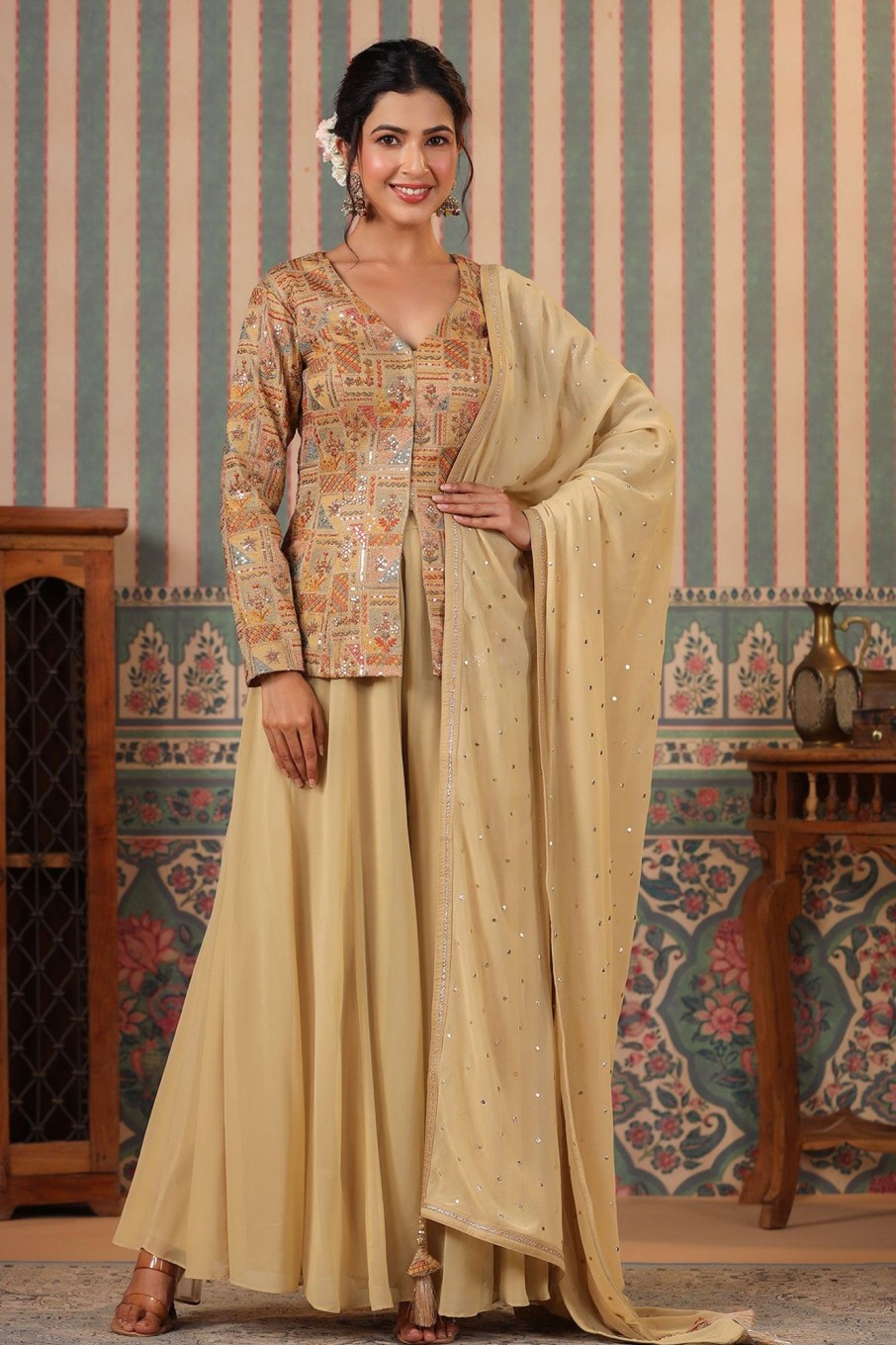 Pista Green Georgette Sequins Embroidered Gharara Suit Set – Meena