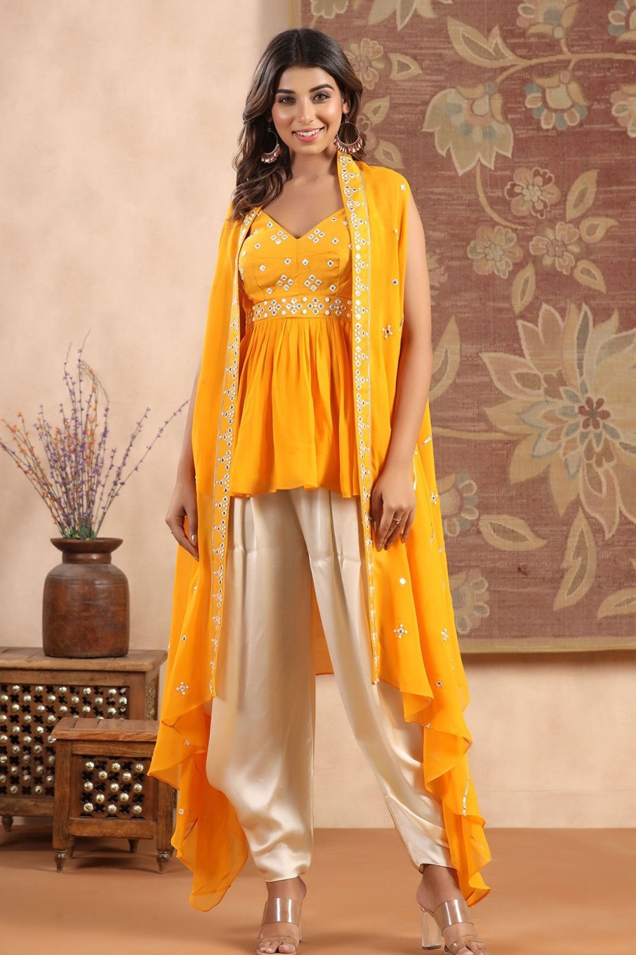 Kurtis Meena Bazaar  | Georgette Mirror Work Embroidered Short Kurti Dhoti And Cape Set Mustard