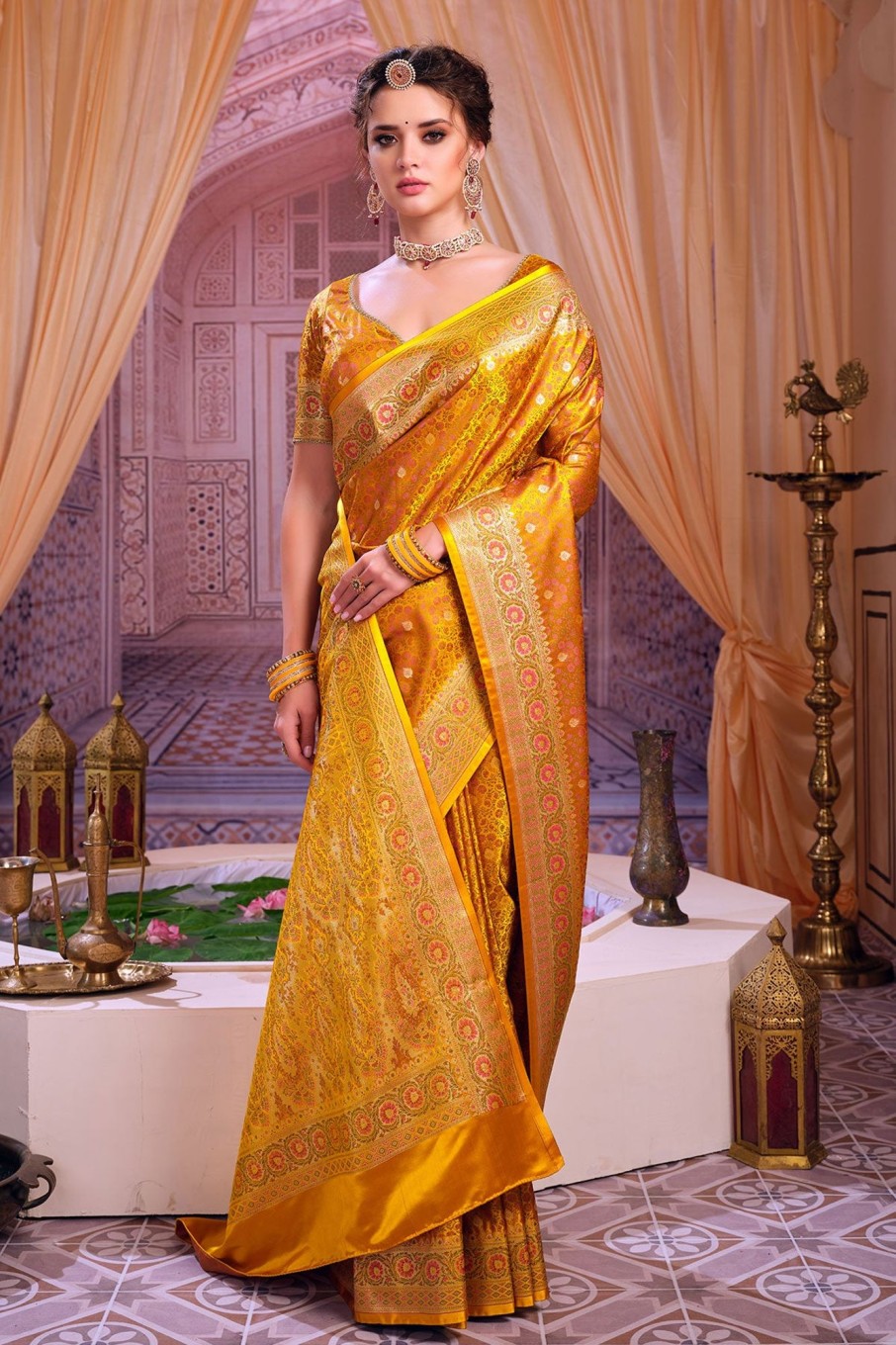 Lehengas Meena Bazaar  | Woven Banarasi Silk Saree Mustard