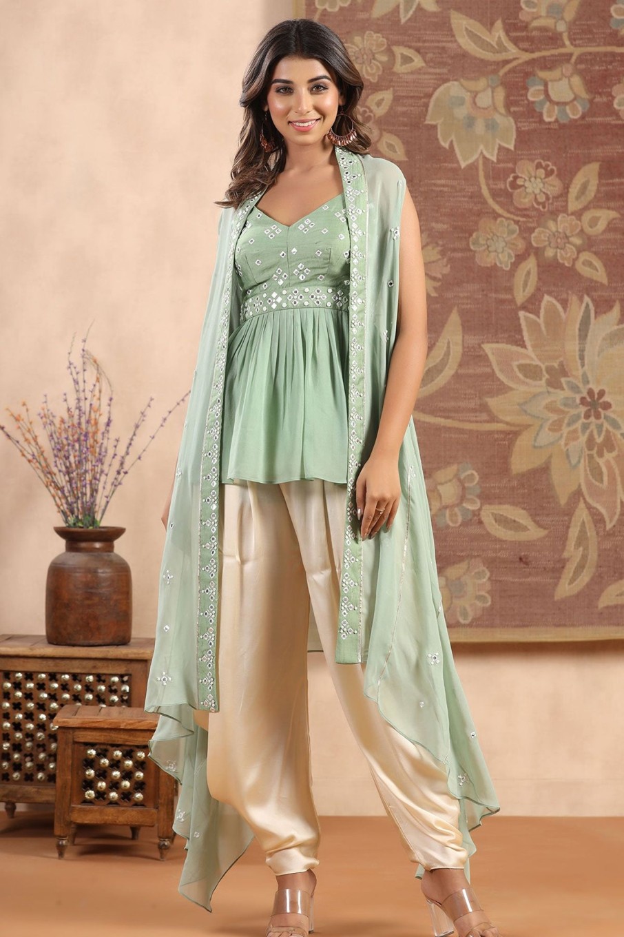 Kurtis Meena Bazaar  | Georgette Mirror Work Embroidered Short Kurti Dhoti And Cape Set Sea Green