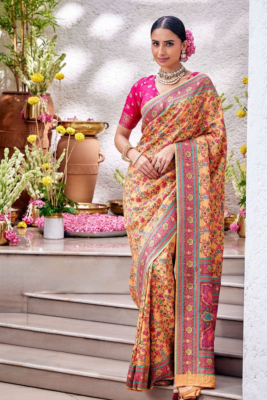 Lehengas Meena Bazaar  | Silk Floral Zari Woven Saree Orange