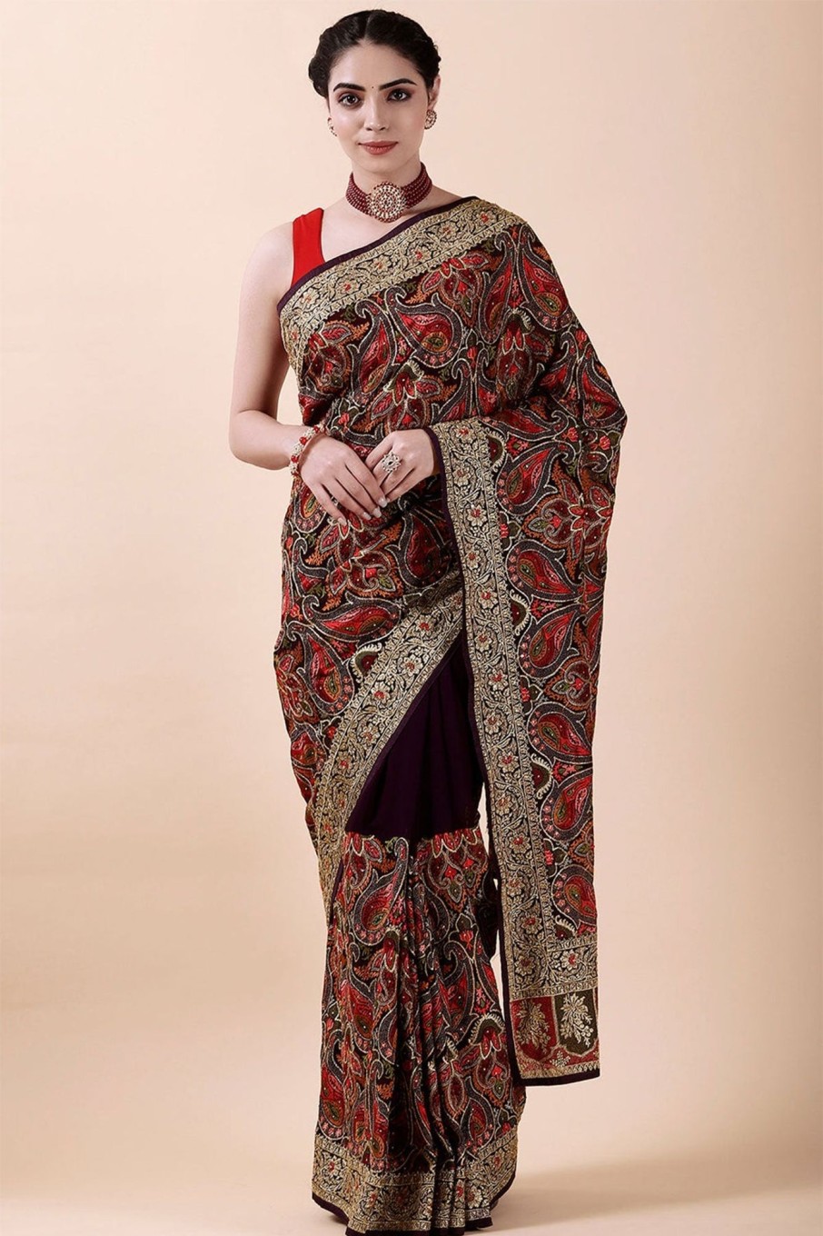 Lehengas Meena Bazaar  | Georgette Embroidered Saree Wine