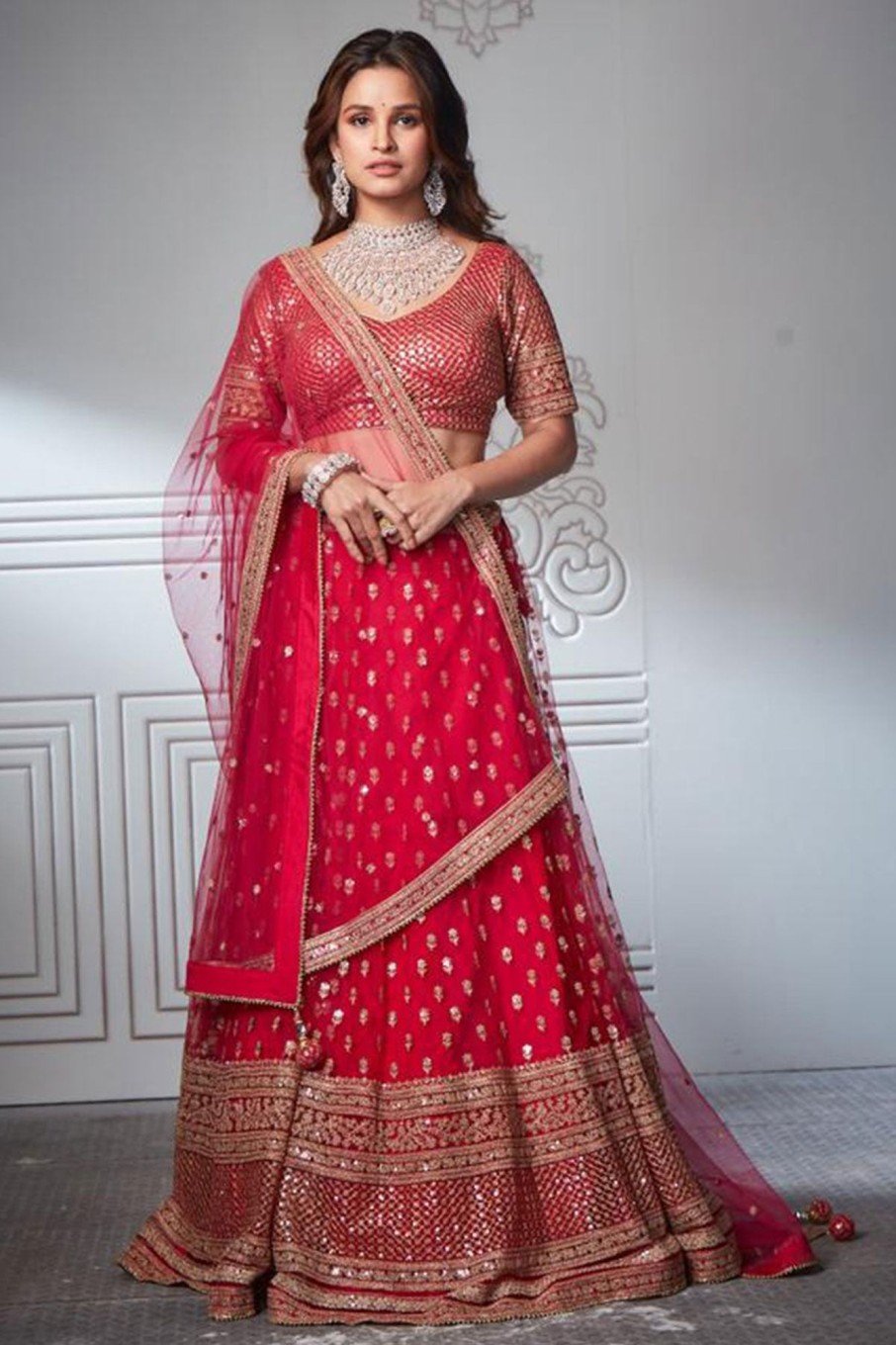 Lehengas Meena Bazaar  | Pink Zari And Sequin Lehenga Rani